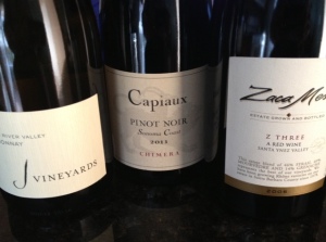 Three of four wines for our upcoming 'Tour of California' BBQ dinner.